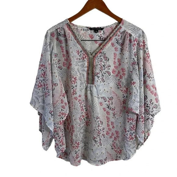 Zac & Rachel Sheer Flowy Blouse Size Large Metallic Embroidered V Neck Relaxed - Picture 1 of 5